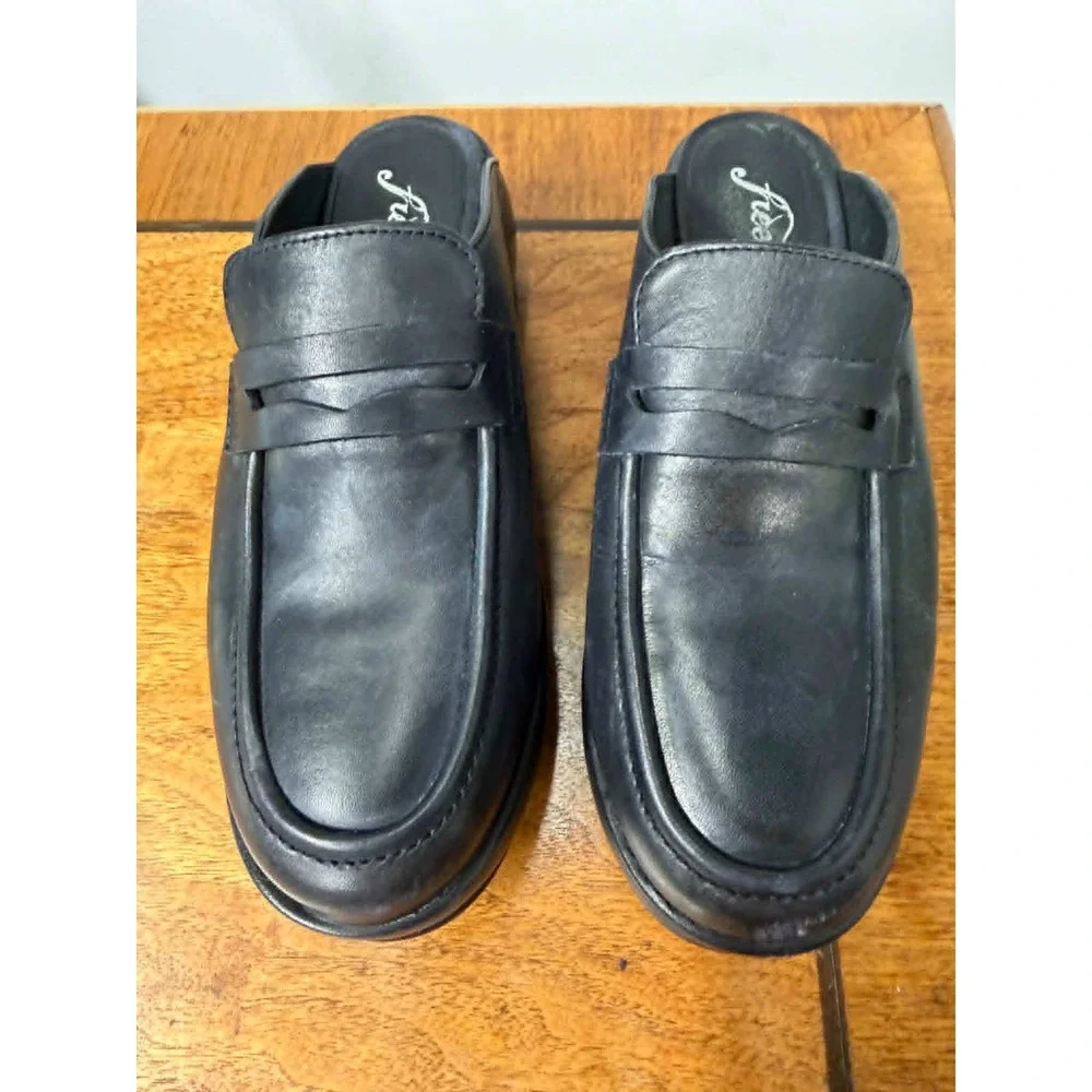 Free‎ People 7.5 Winston Black Leather Platform Penny Loafer Mules Slip On Shoes